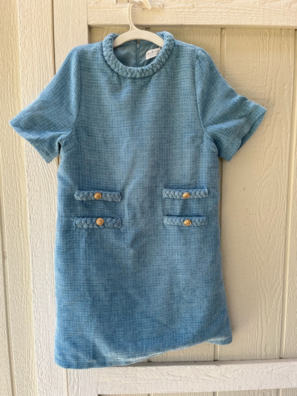 Classic Light Blue Tweed womens' Dress with Braided Trim